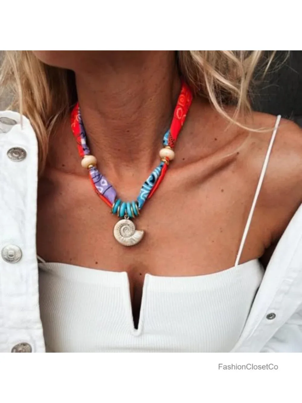 Conch Shell Scarf Charm Necklace Boho Wrap Bandana Statement Jewelry